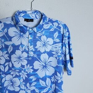 Yatta Golf Mens Blue White Hibiscus Floral Performance Polo Shirt Size M Stretch